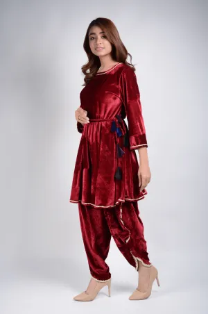 Lemon Tart Women's LTS452 Velvet Lace Detail Stitched Kurti and Dhoti Pants Set - Maroon