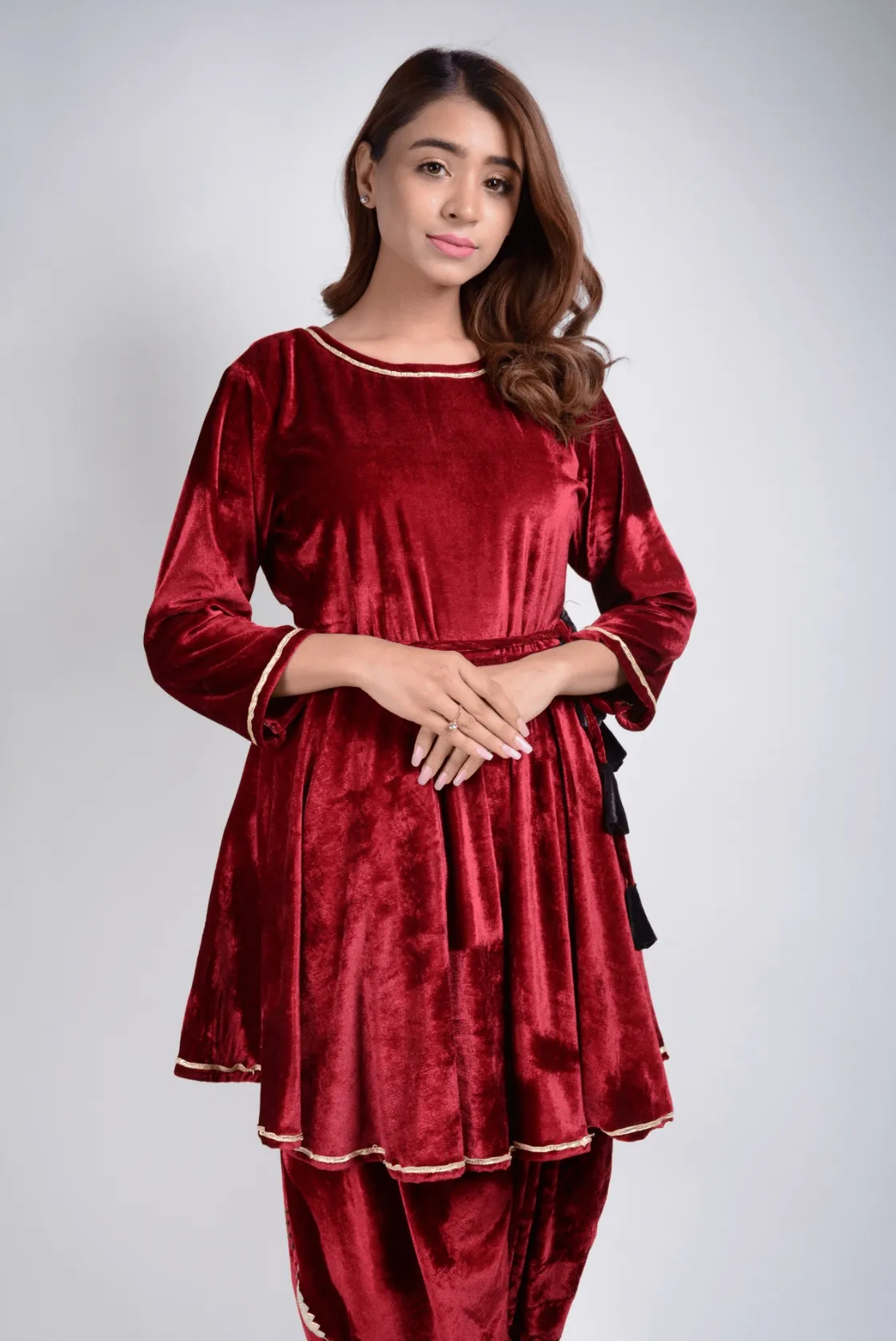 Lemon Tart Women's LTS452 Velvet Lace Detail Stitched Kurti and Dhoti Pants Set - Maroon