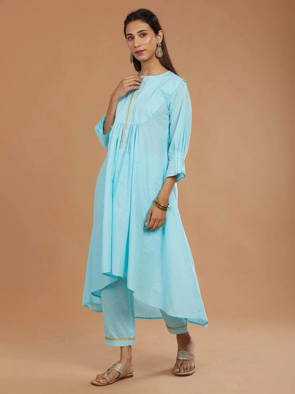 Lemon Tart Women's LTS466 Stitch Detail Stitched Kurti and Pants Set - Blue