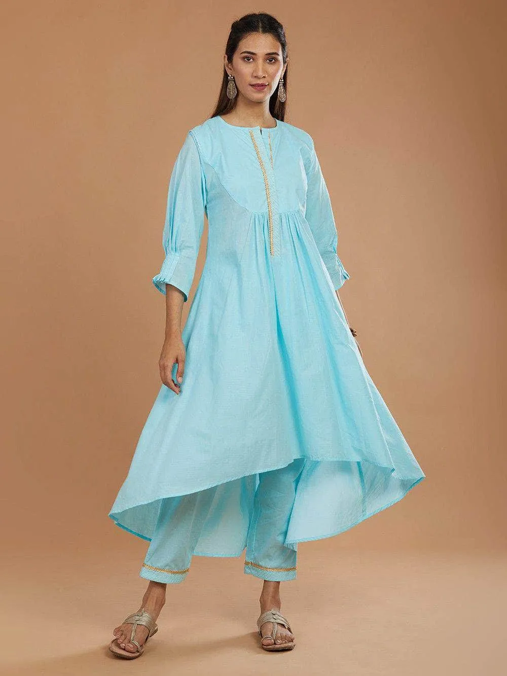 Lemon Tart Women's LTS466 Stitch Detail Stitched Kurti and Pants Set - Blue