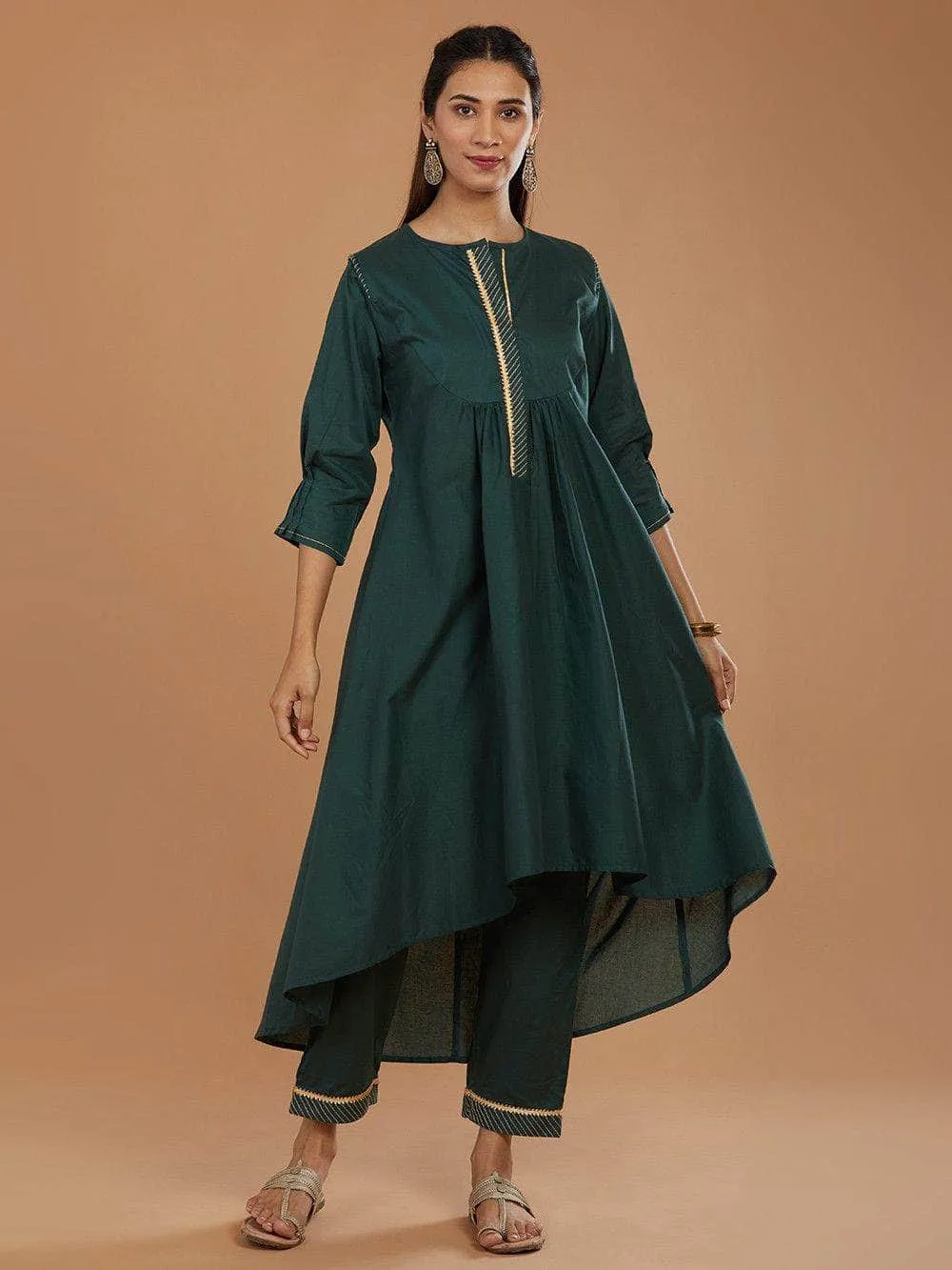 Lemon Tart Women's LTS466 Stitch Detail Stitched Kurti and Pants Set - Green