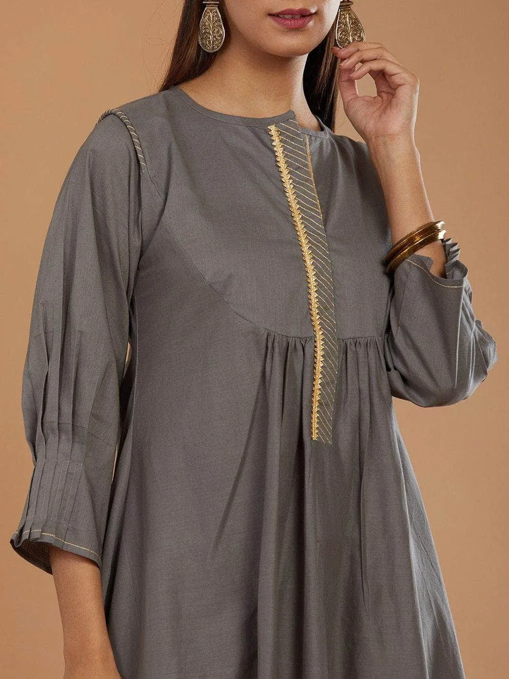 Lemon Tart Women's LTS466 Stitch Detail Stitched Kurti and Pants Set - Grey
