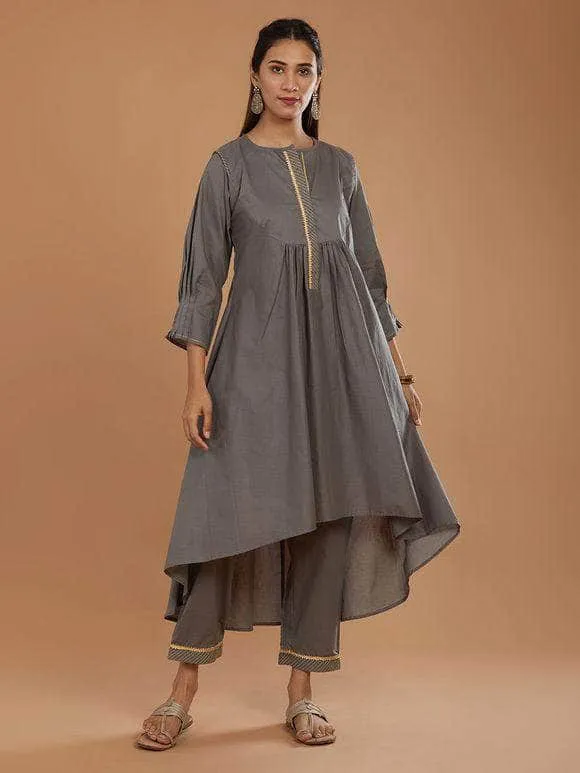 Lemon Tart Women's LTS466 Stitch Detail Stitched Kurti and Pants Set - Grey