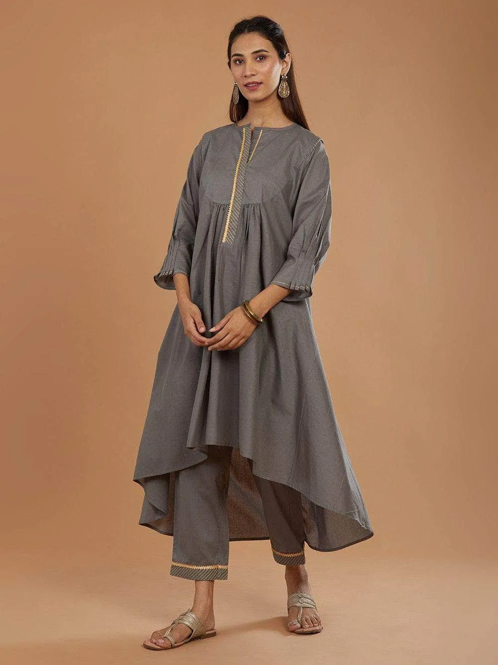Lemon Tart Women's LTS466 Stitch Detail Stitched Kurti and Pants Set - Grey