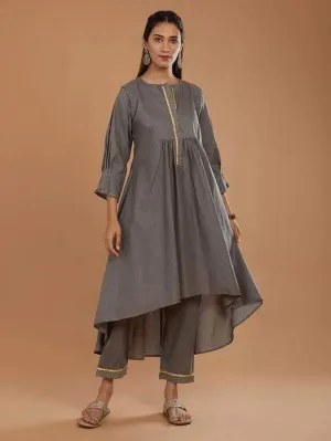 Lemon Tart Women's LTS466 Stitch Detail Stitched Kurti and Pants Set - Grey