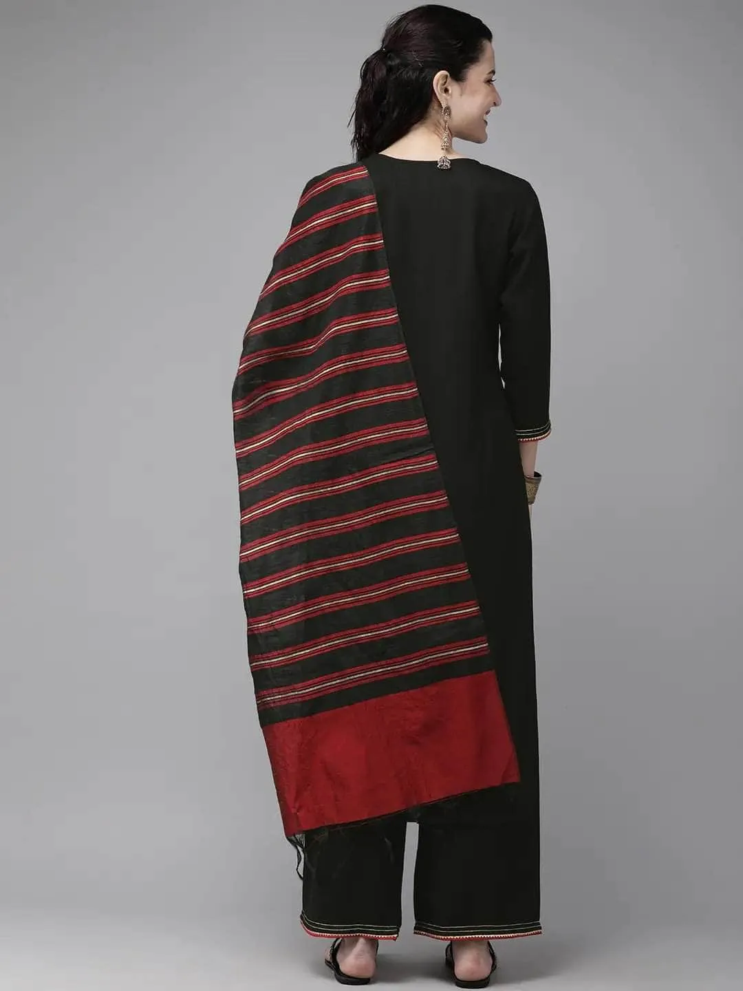 Lemon Tart Women's LTS470 Contrast Detail Stitched Kurti and Pants Set - Black