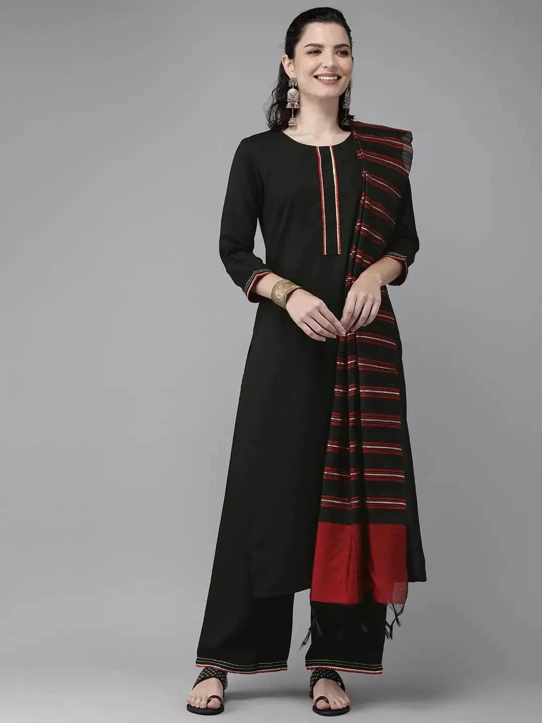 Lemon Tart Women's LTS470 Contrast Detail Stitched Kurti and Pants Set - Black