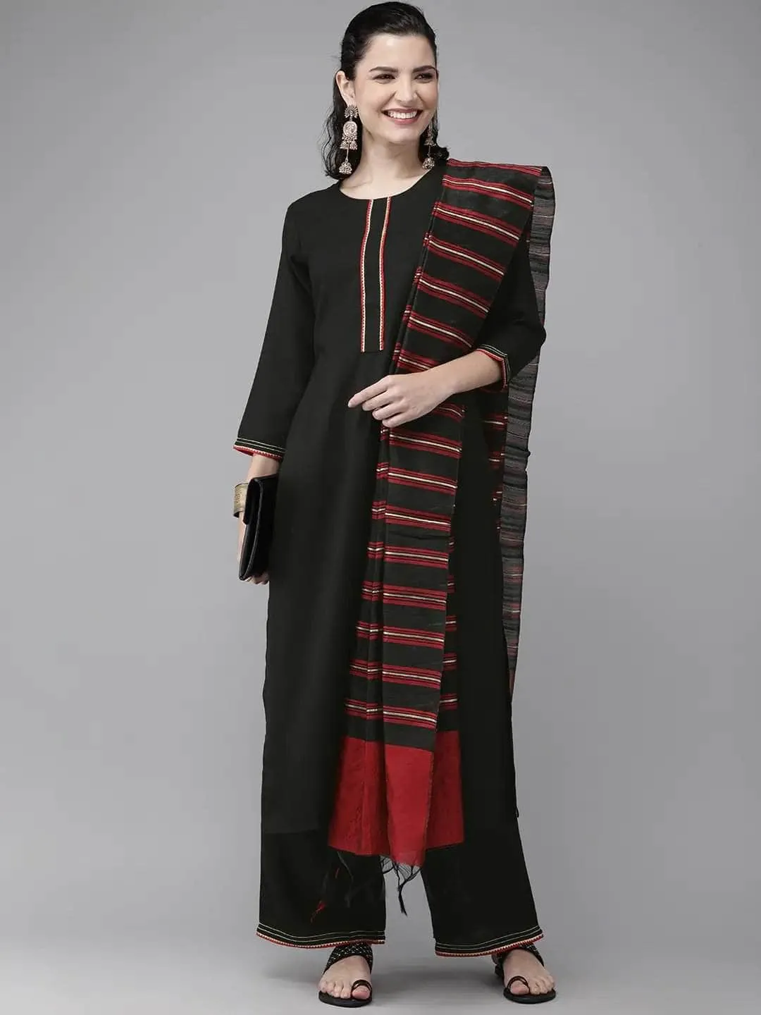Lemon Tart Women's LTS470 Contrast Detail Stitched Kurti and Pants Set - Black