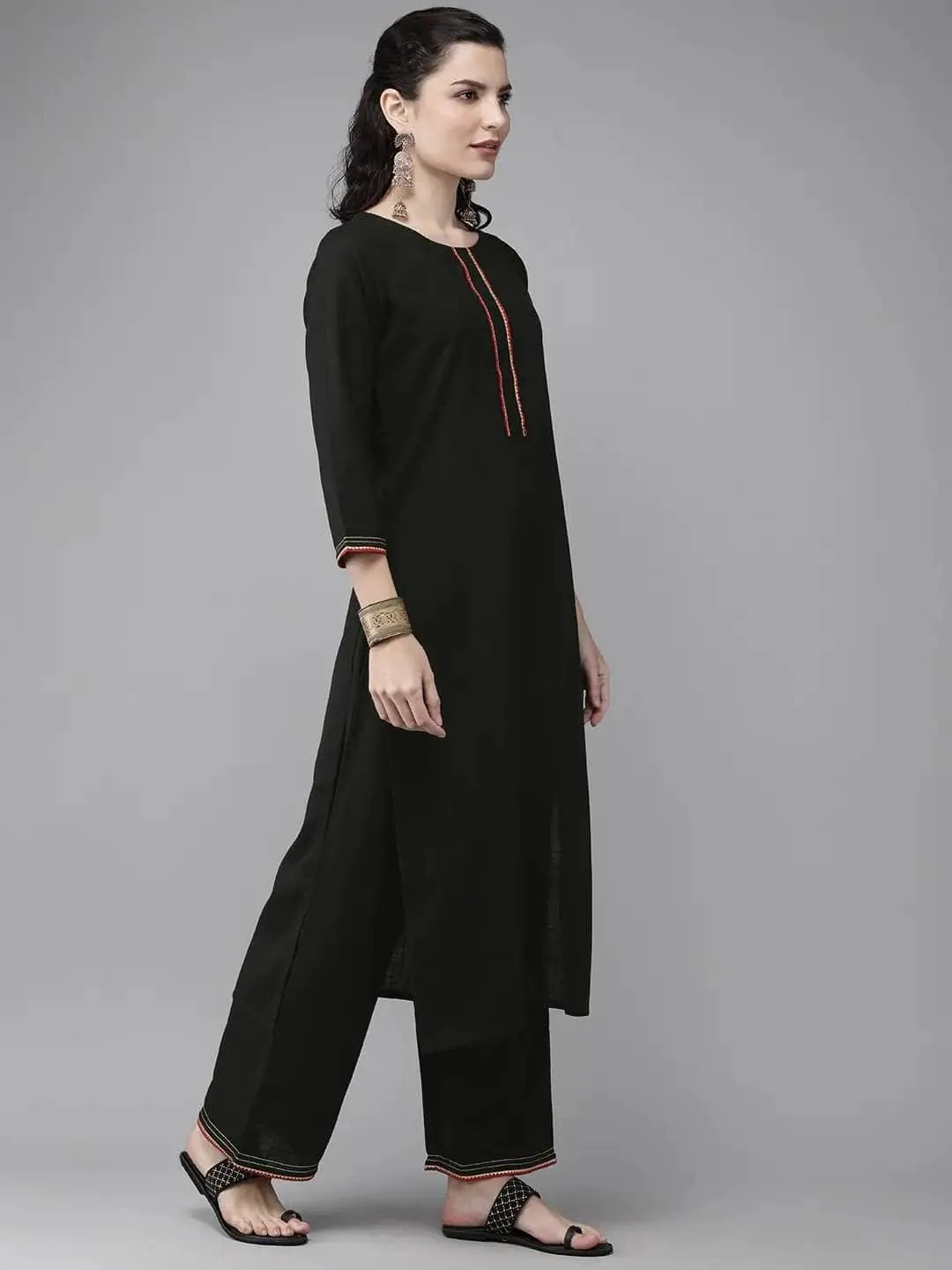 Lemon Tart Women's LTS470 Contrast Detail Stitched Kurti and Pants Set - Black