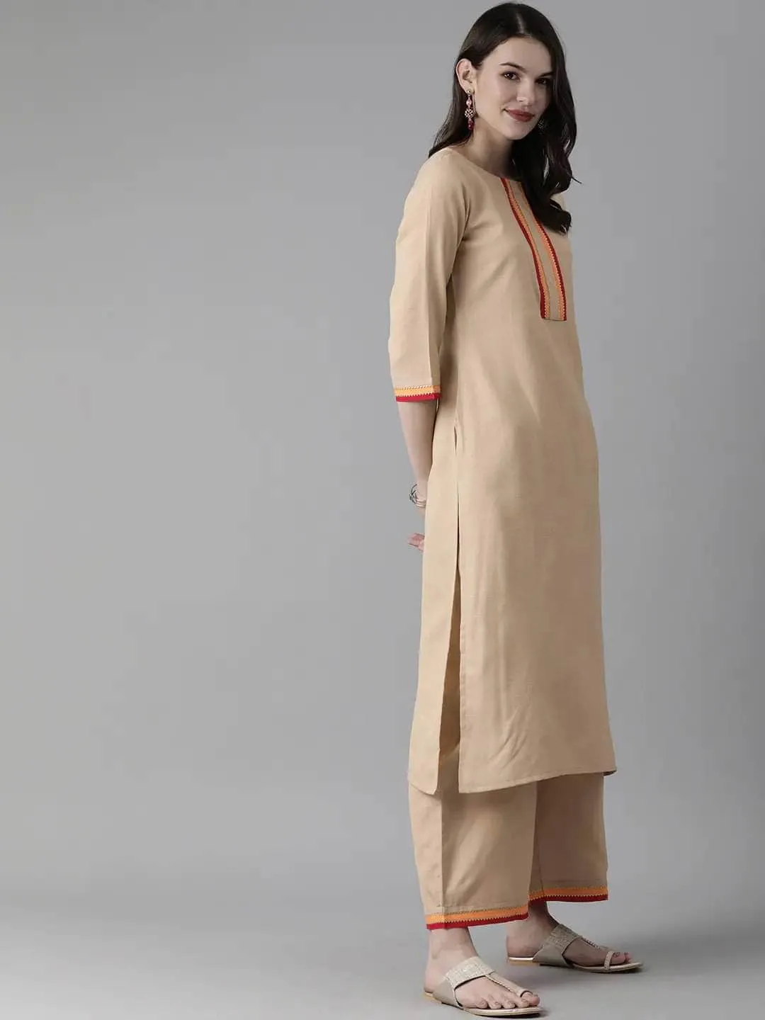 Lemon Tart Women's LTS470 Contrast Detail Stitched Kurti and Pants Set - Brown