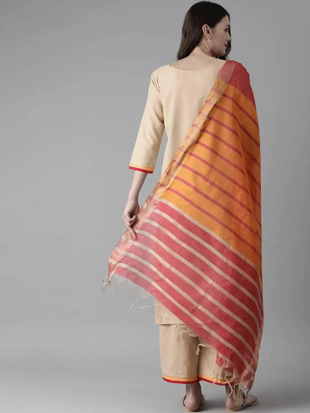 Lemon Tart Women's LTS470 Contrast Detail Stitched Kurti and Pants Set - Brown