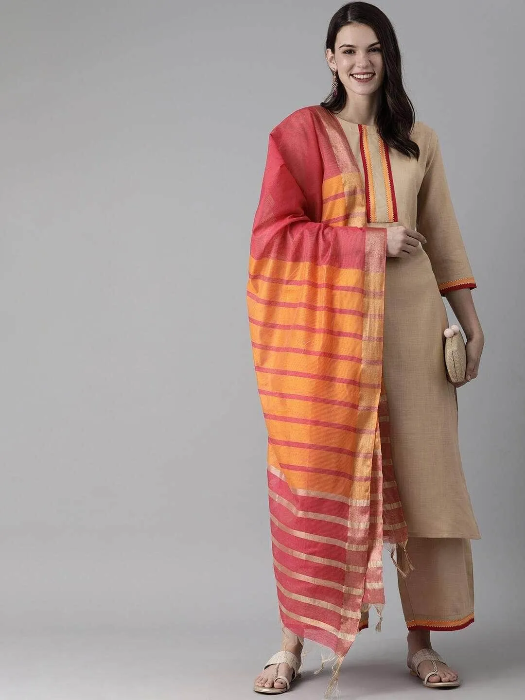 Lemon Tart Women's LTS470 Contrast Detail Stitched Kurti and Pants Set - Brown