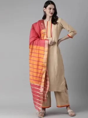 Lemon Tart Women's LTS470 Contrast Detail Stitched Kurti and Pants Set - Brown