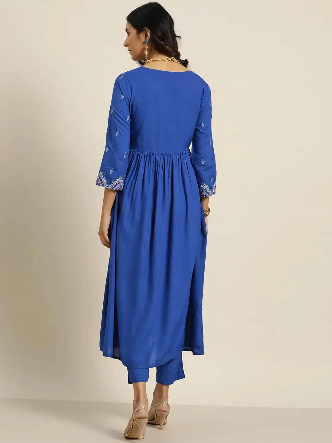 Lemon Tart Women's LTS514 Embroidered Detail Stitched Kurti and Pants Set - Blue