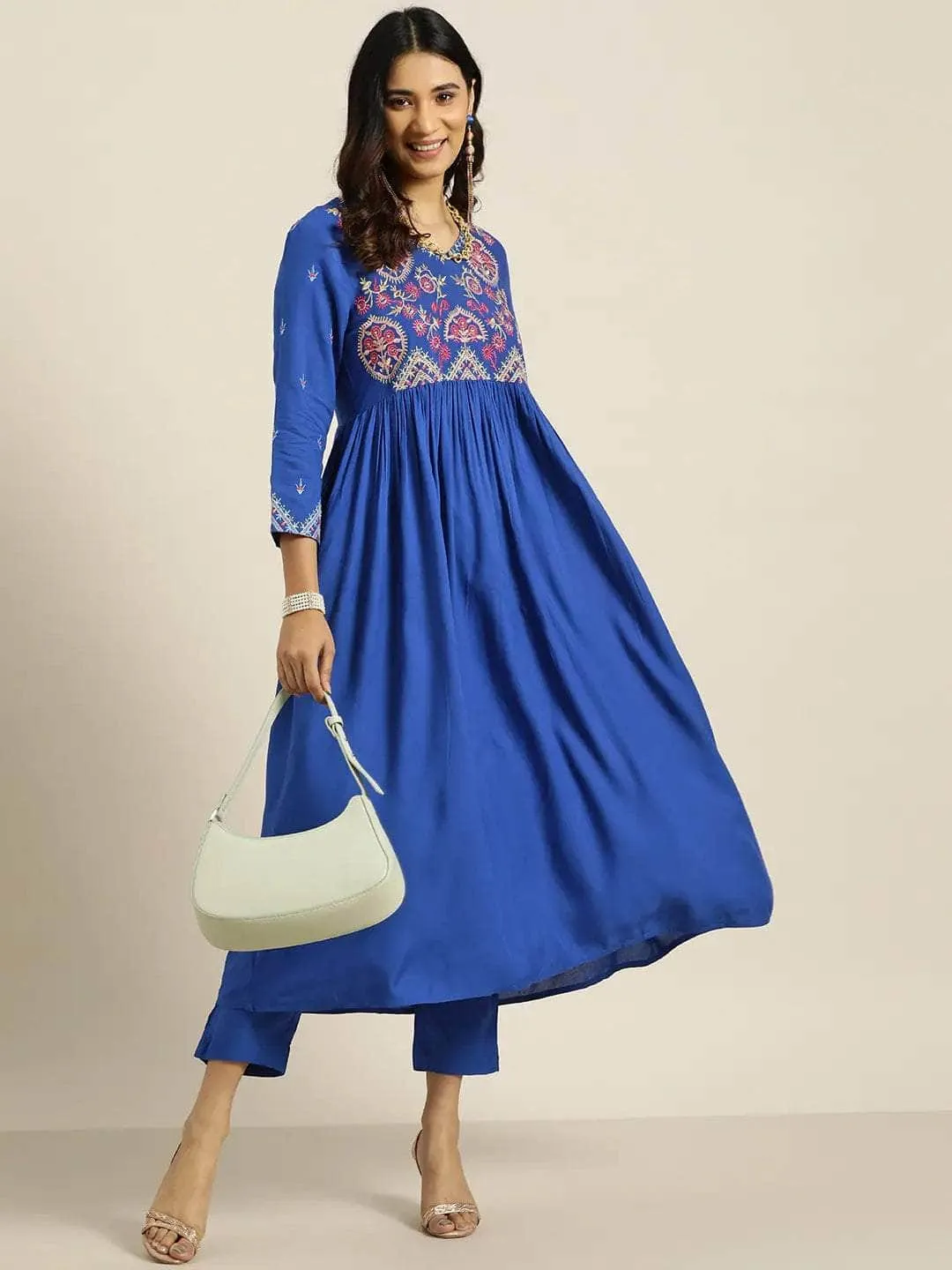Lemon Tart Women's LTS514 Embroidered Detail Stitched Kurti and Pants Set - Blue