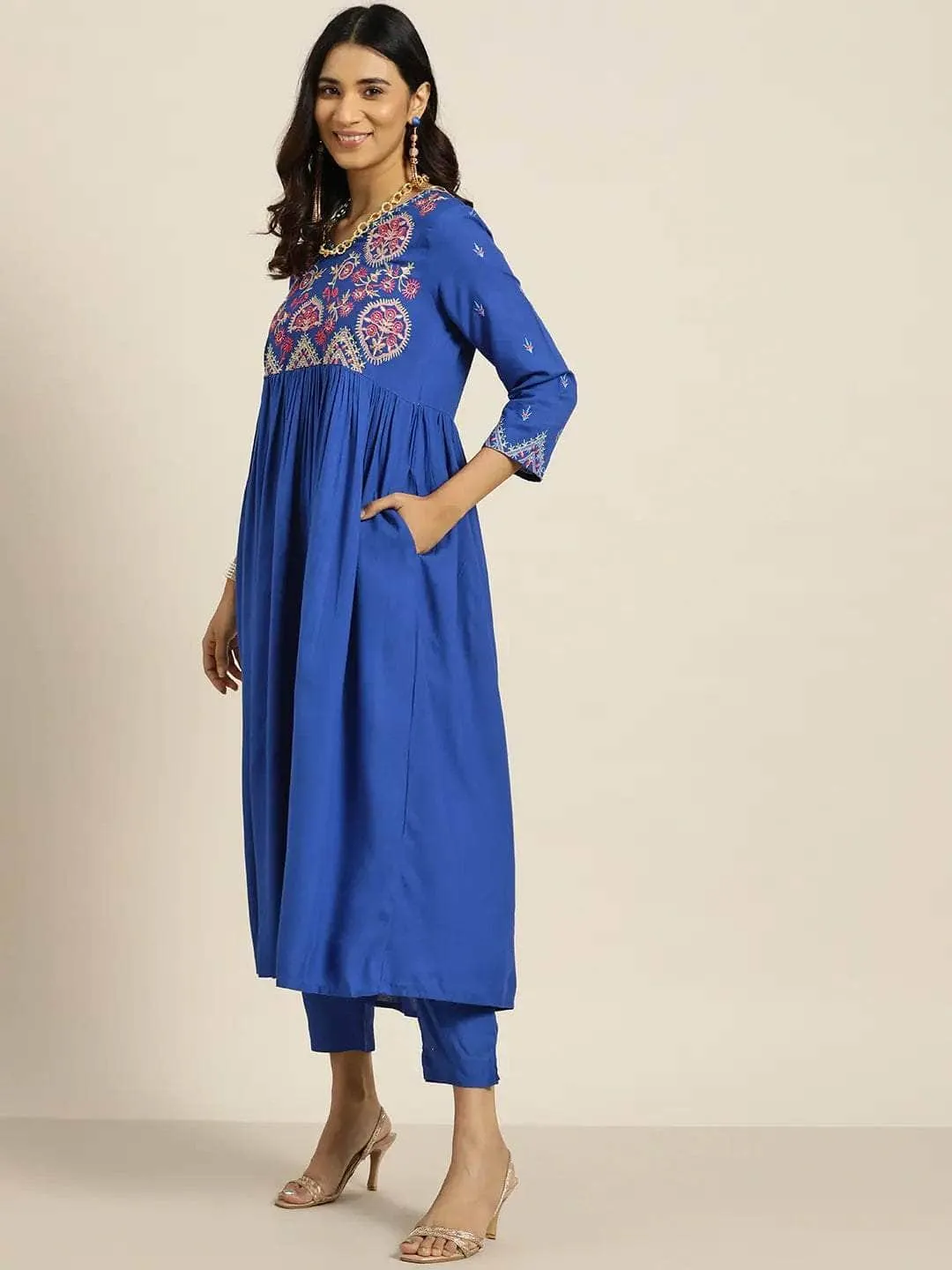 Lemon Tart Women's LTS514 Embroidered Detail Stitched Kurti and Pants Set - Blue