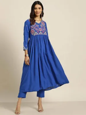 Lemon Tart Women's LTS514 Embroidered Detail Stitched Kurti and Pants Set - Blue