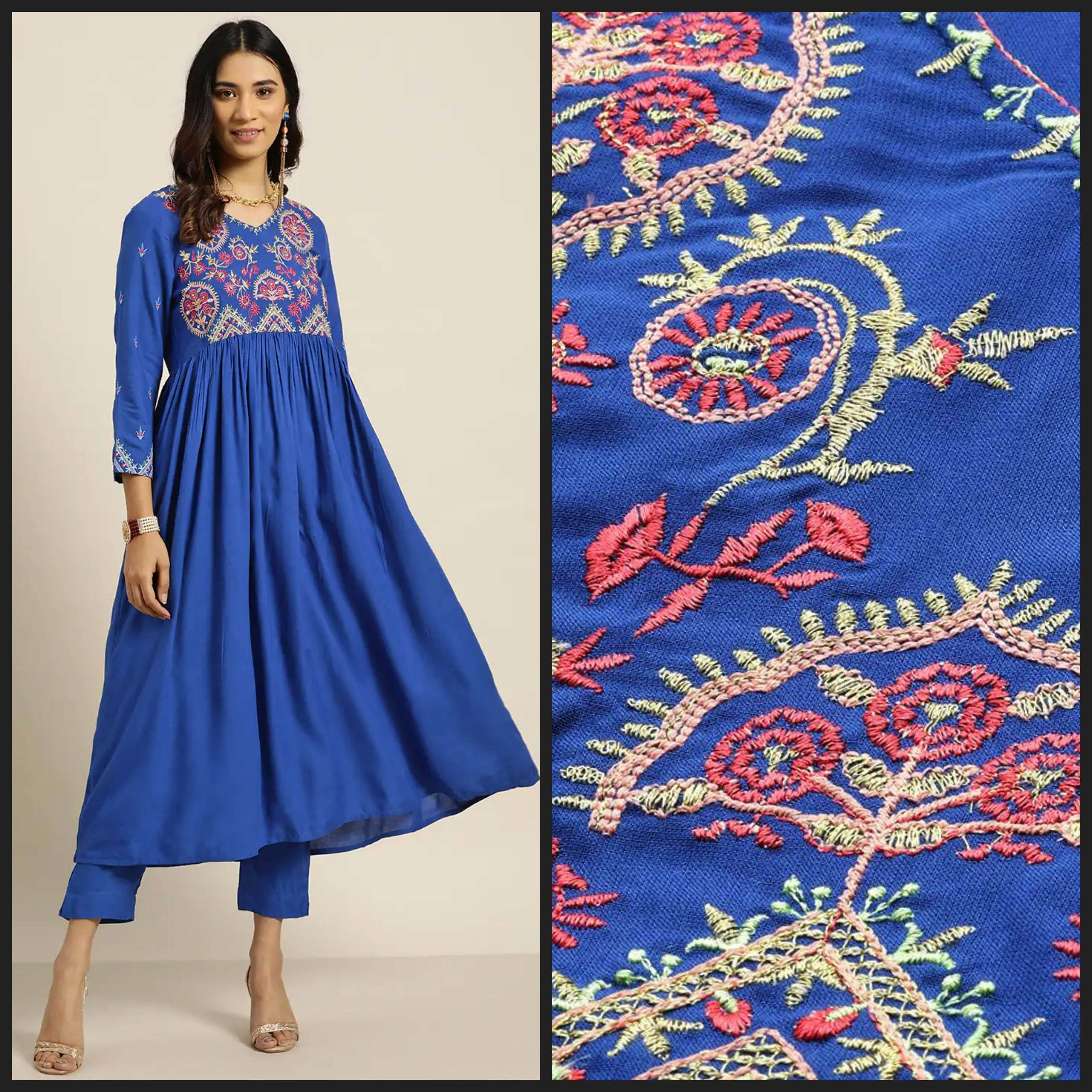 Lemon Tart Women's LTS514 Embroidered Detail Stitched Kurti and Pants Set - Blue