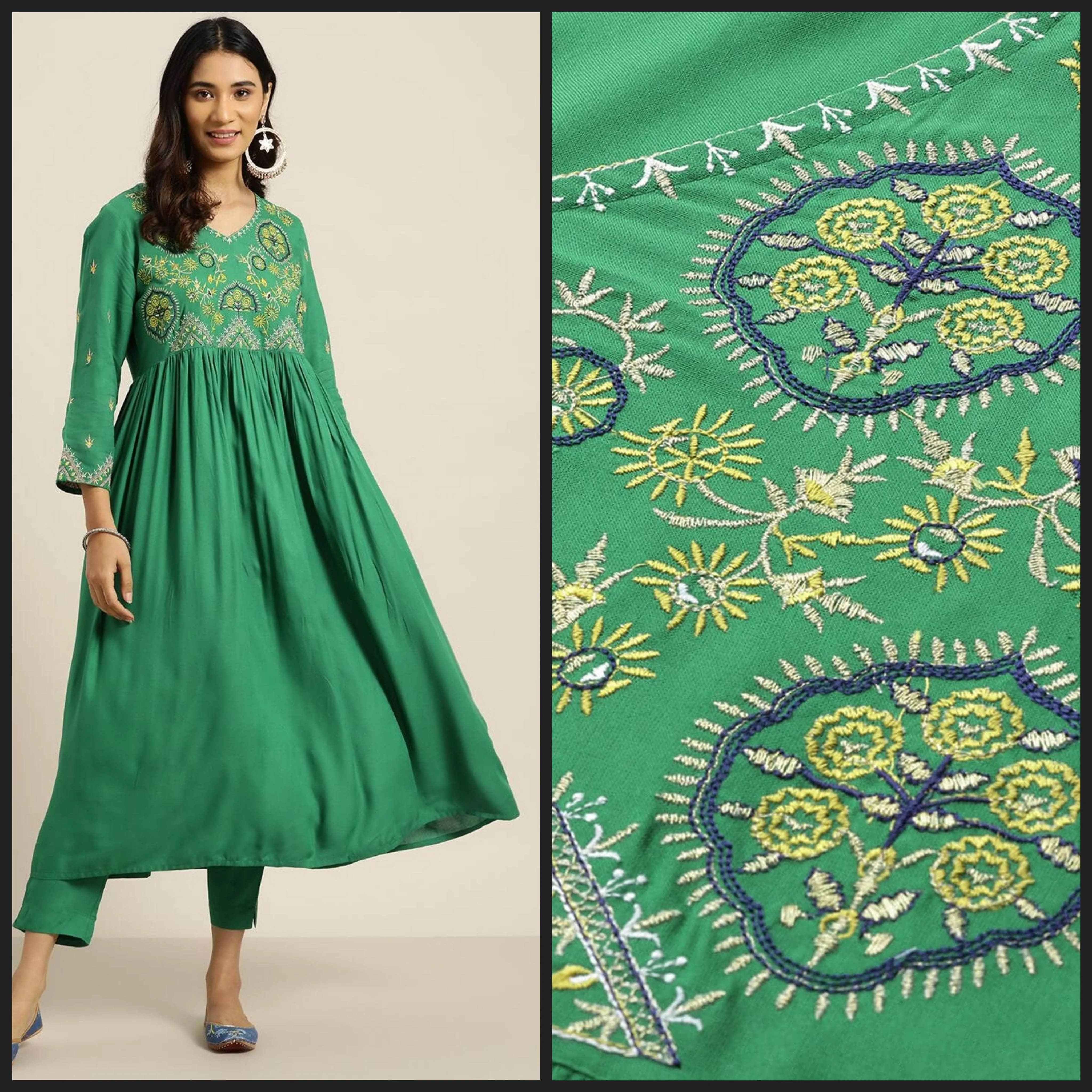 Lemon Tart Women's LTS514 Embroidered Detail Stitched Kurti and Pants Set - Green