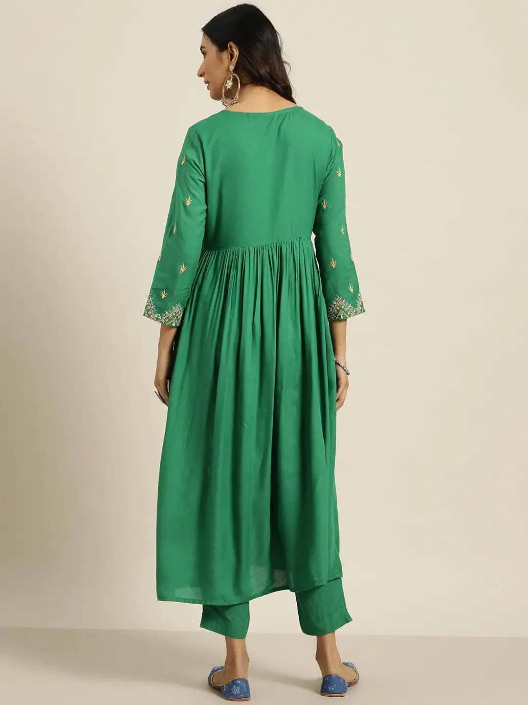 Lemon Tart Women's LTS514 Embroidered Detail Stitched Kurti and Pants Set - Green