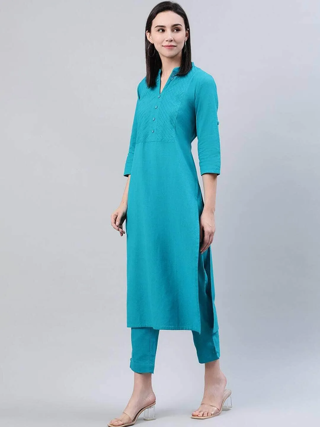 Lemon Tart Women's LTS519 Stitch Detail Stitched Kurti and Pants Set - Blue