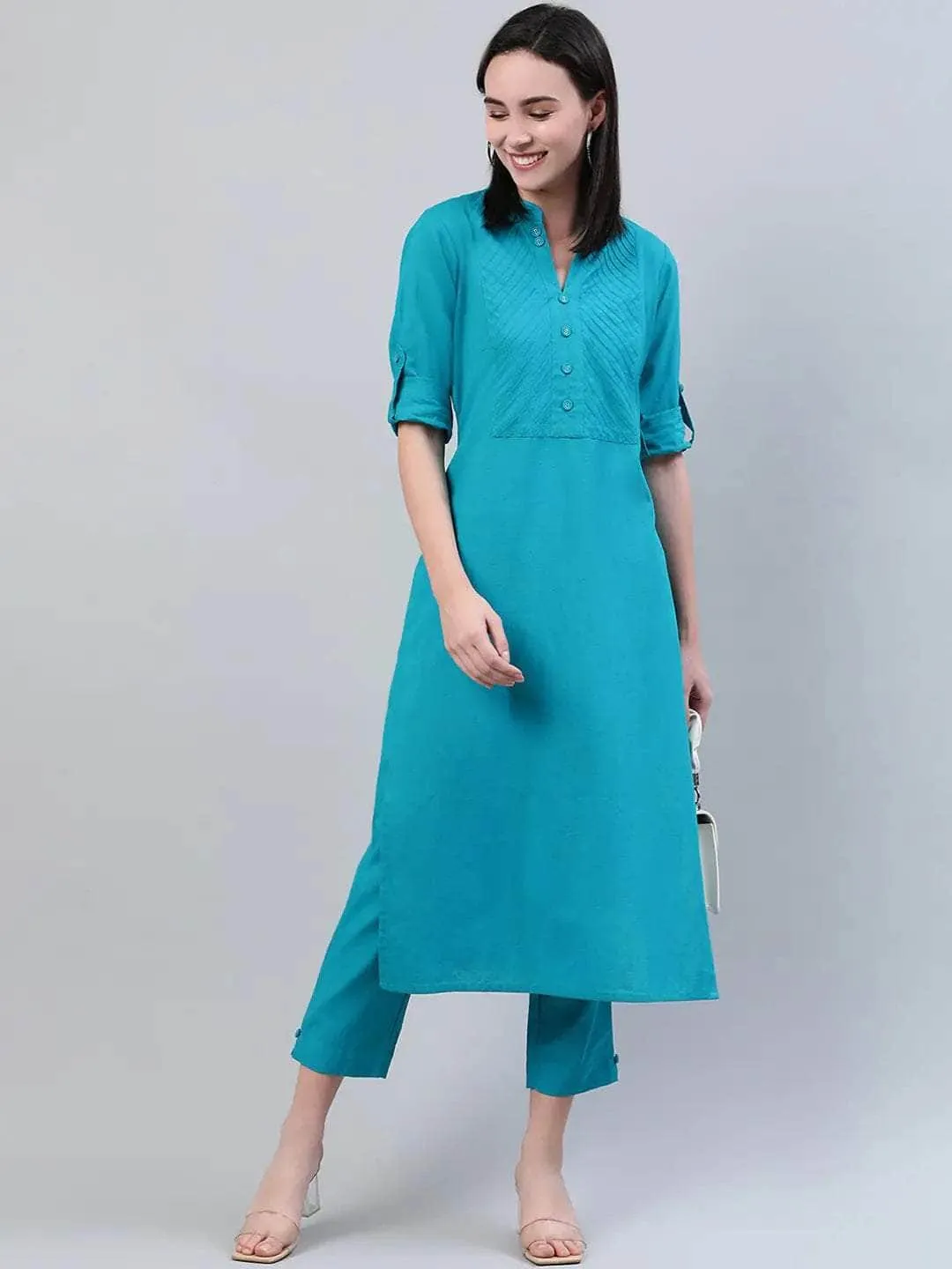 Lemon Tart Women's LTS519 Stitch Detail Stitched Kurti and Pants Set - Blue