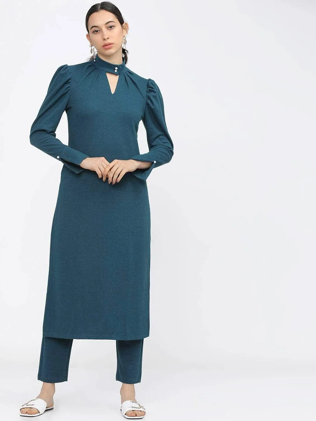 Lemon Tart Women's LTS521 Button Neck Gigot Sleeve Detail Stitched Kurti and Pants Set - SGR
