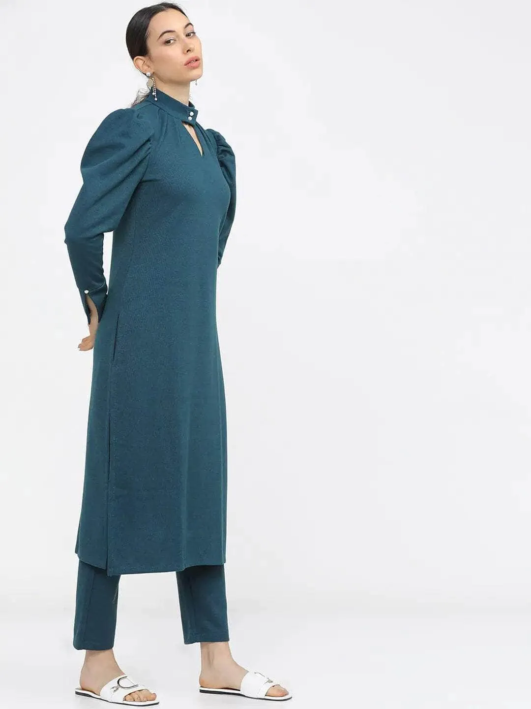 Lemon Tart Women's LTS521 Button Neck Gigot Sleeve Detail Stitched Kurti and Pants Set - SGR