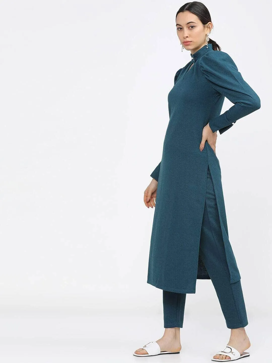Lemon Tart Women's LTS521 Button Neck Gigot Sleeve Detail Stitched Kurti and Pants Set - SGR