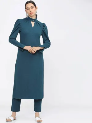 Lemon Tart Women's LTS521 Button Neck Gigot Sleeve Detail Stitched Kurti and Pants Set - SGR