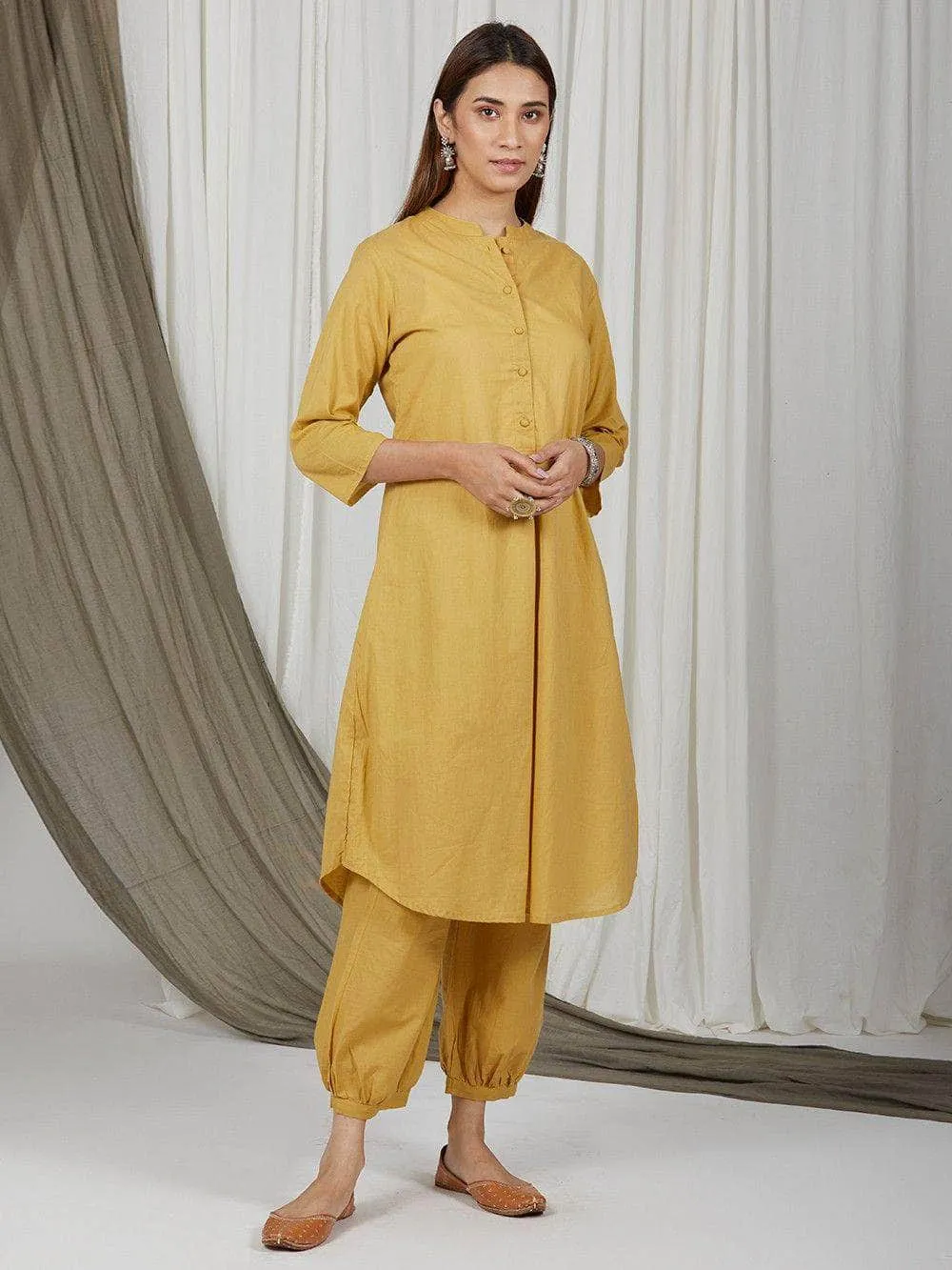 Lemon Tart Women's LTS524 Button Detail Stitched Kurti and Pants Set - Yellow