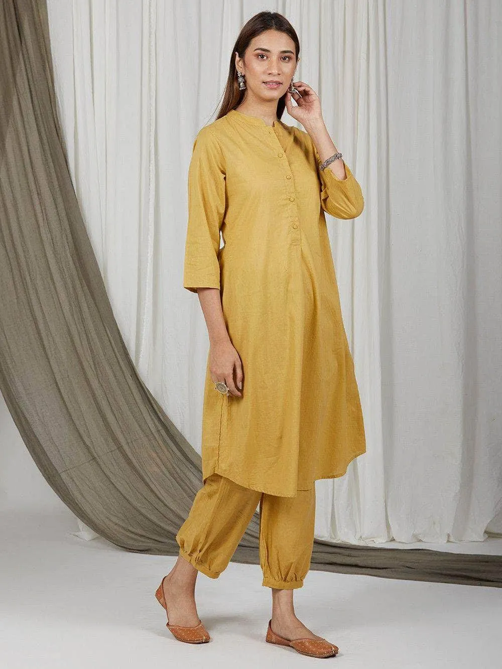 Lemon Tart Women's LTS524 Button Detail Stitched Kurti and Pants Set - Yellow