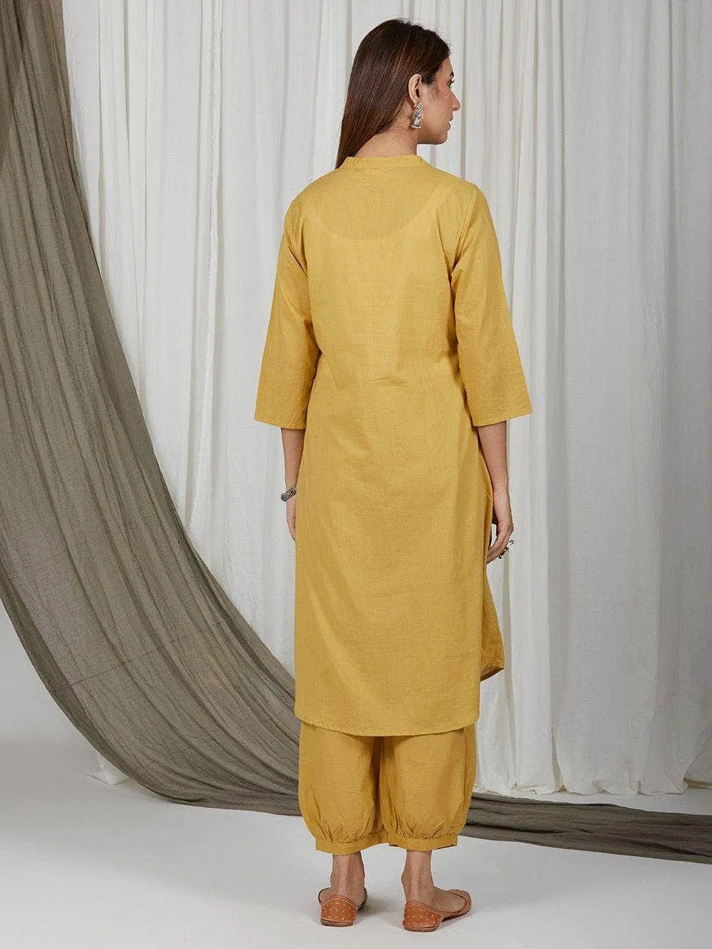Lemon Tart Women's LTS524 Button Detail Stitched Kurti and Pants Set - Yellow