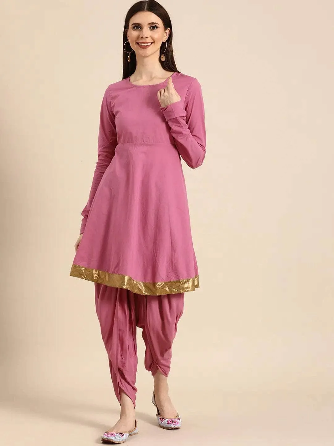 Lemon Tart Women's LTS528 Dhoti Pants Detail Stitched Kurti and Pants Set - Pink