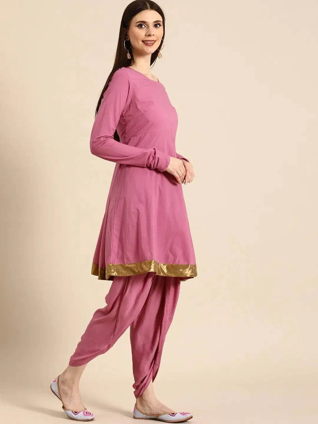 Lemon Tart Women's LTS528 Dhoti Pants Detail Stitched Kurti and Pants Set - Pink