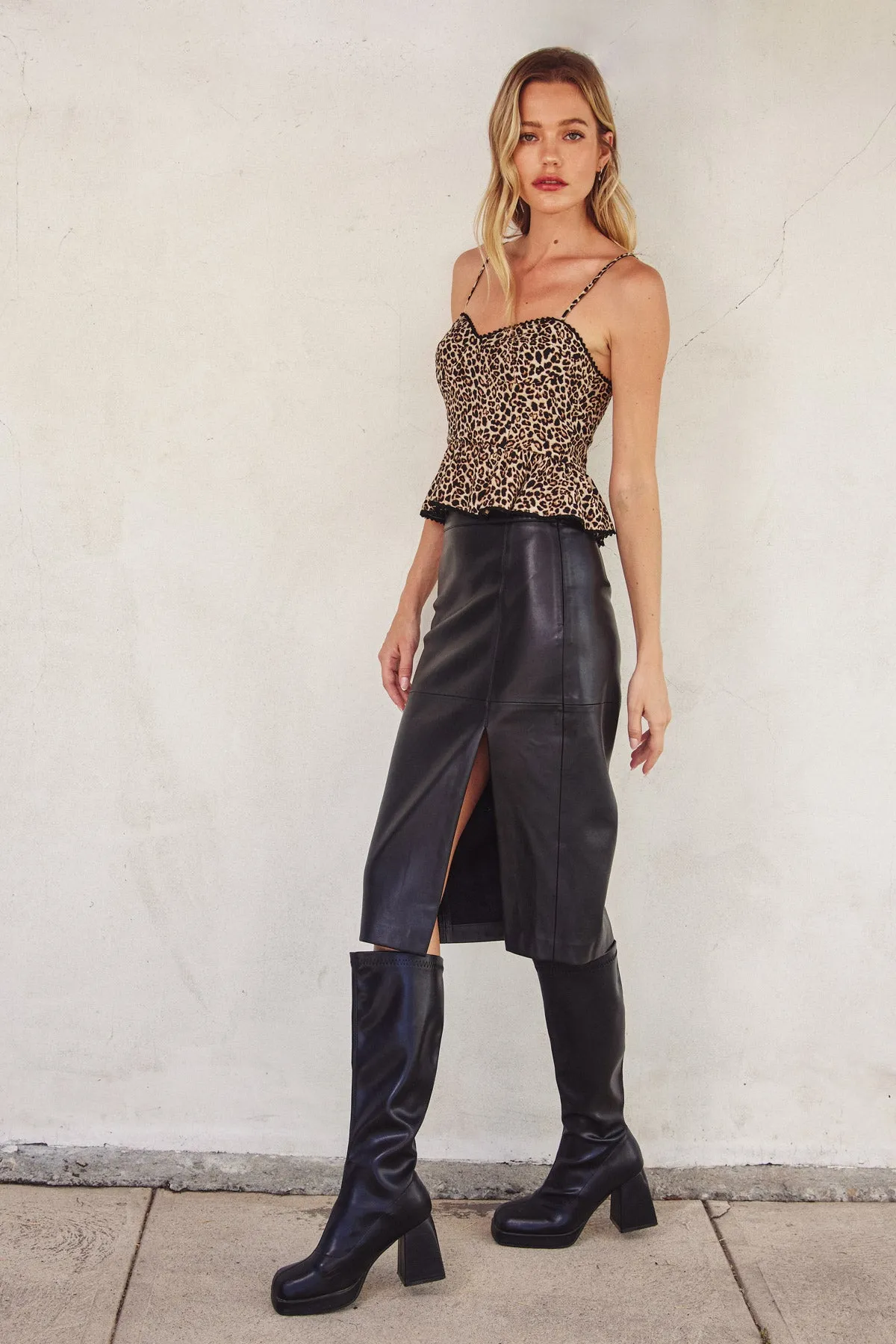 Leona Faux Leather Midi Slit Skirt