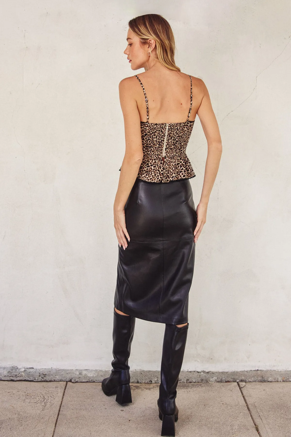 Leona Faux Leather Midi Slit Skirt