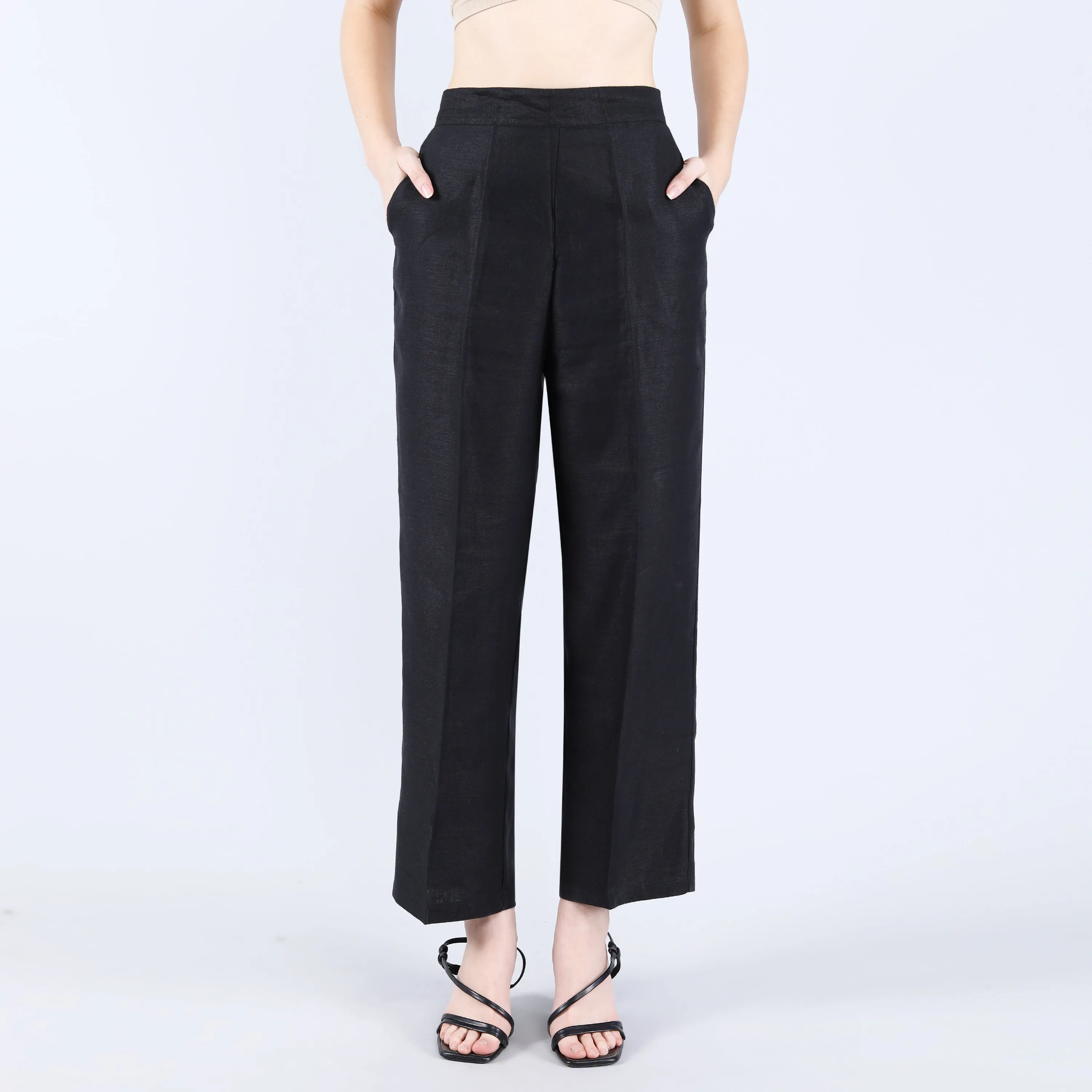 Linen Black Twill Pants with Elastic Acted Back