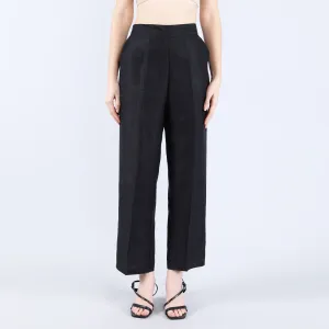 Linen Black Twill Pants with Elastic Acted Back