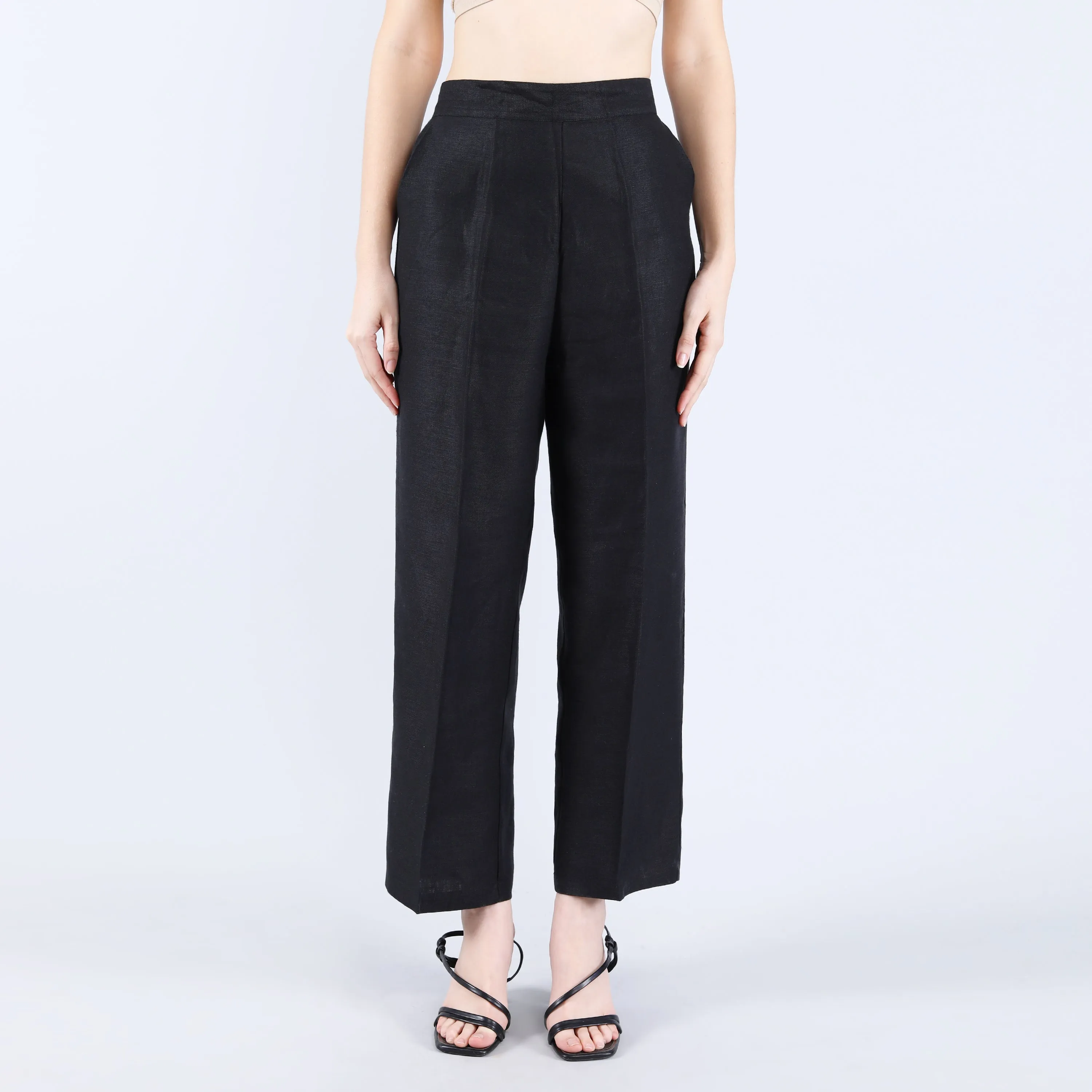 Linen Black Twill Pants with Elastic Acted Back