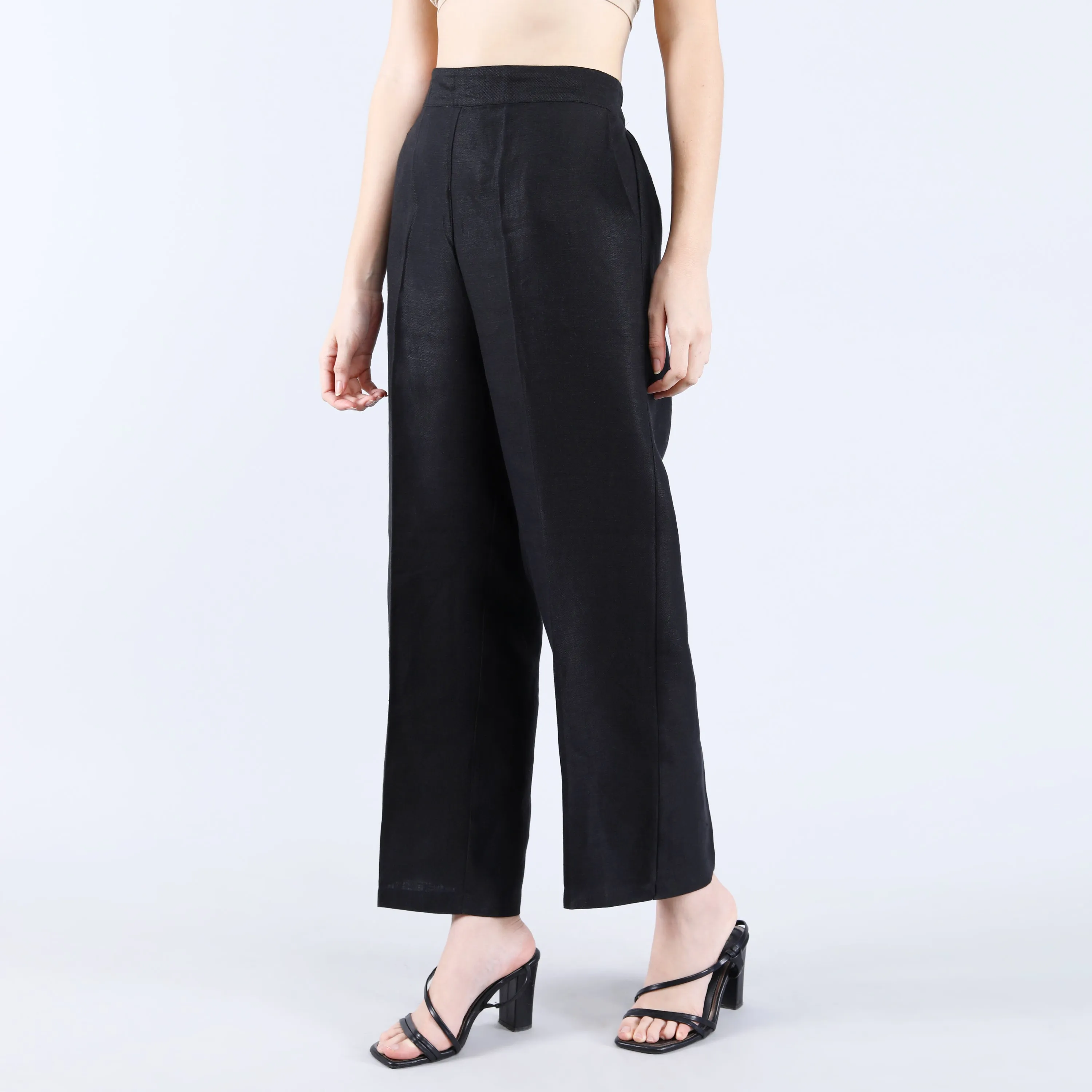 Linen Black Twill Pants with Elastic Acted Back