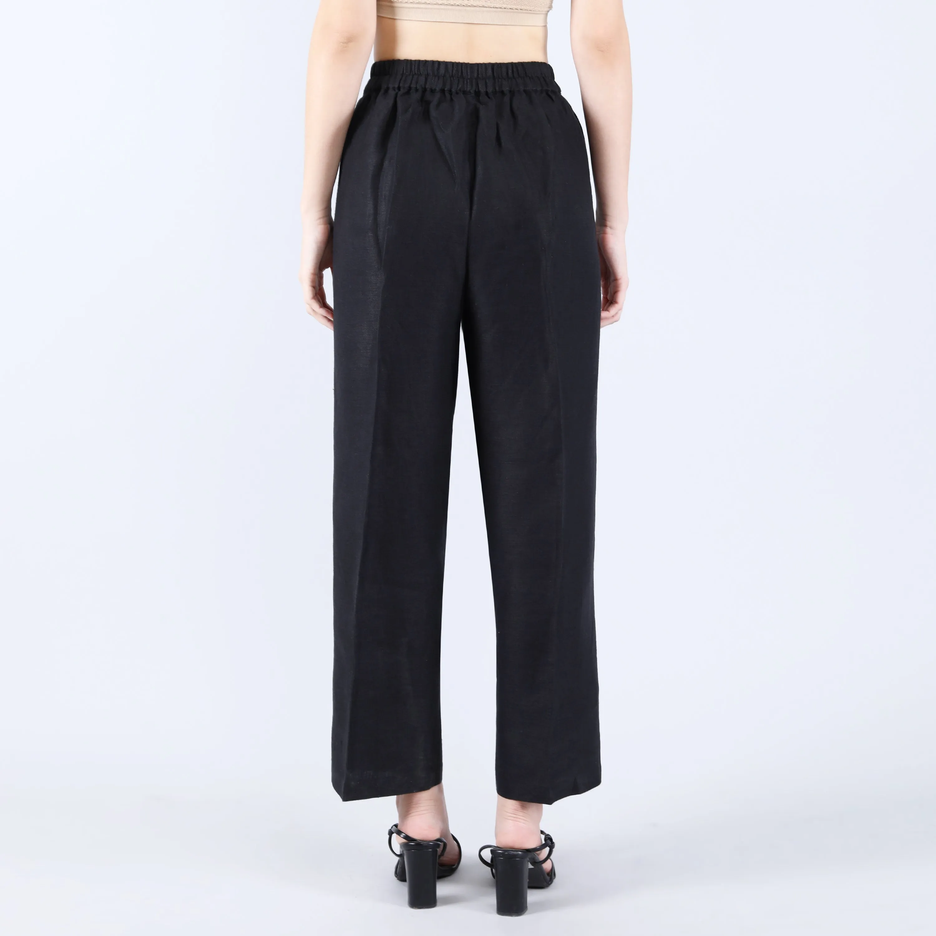 Linen Black Twill Pants with Elastic Acted Back