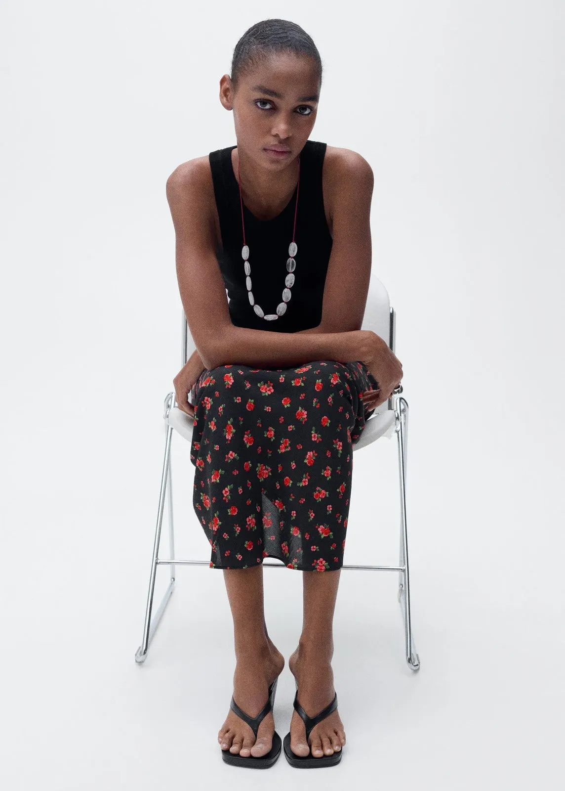 Long floral flared skirt - Black