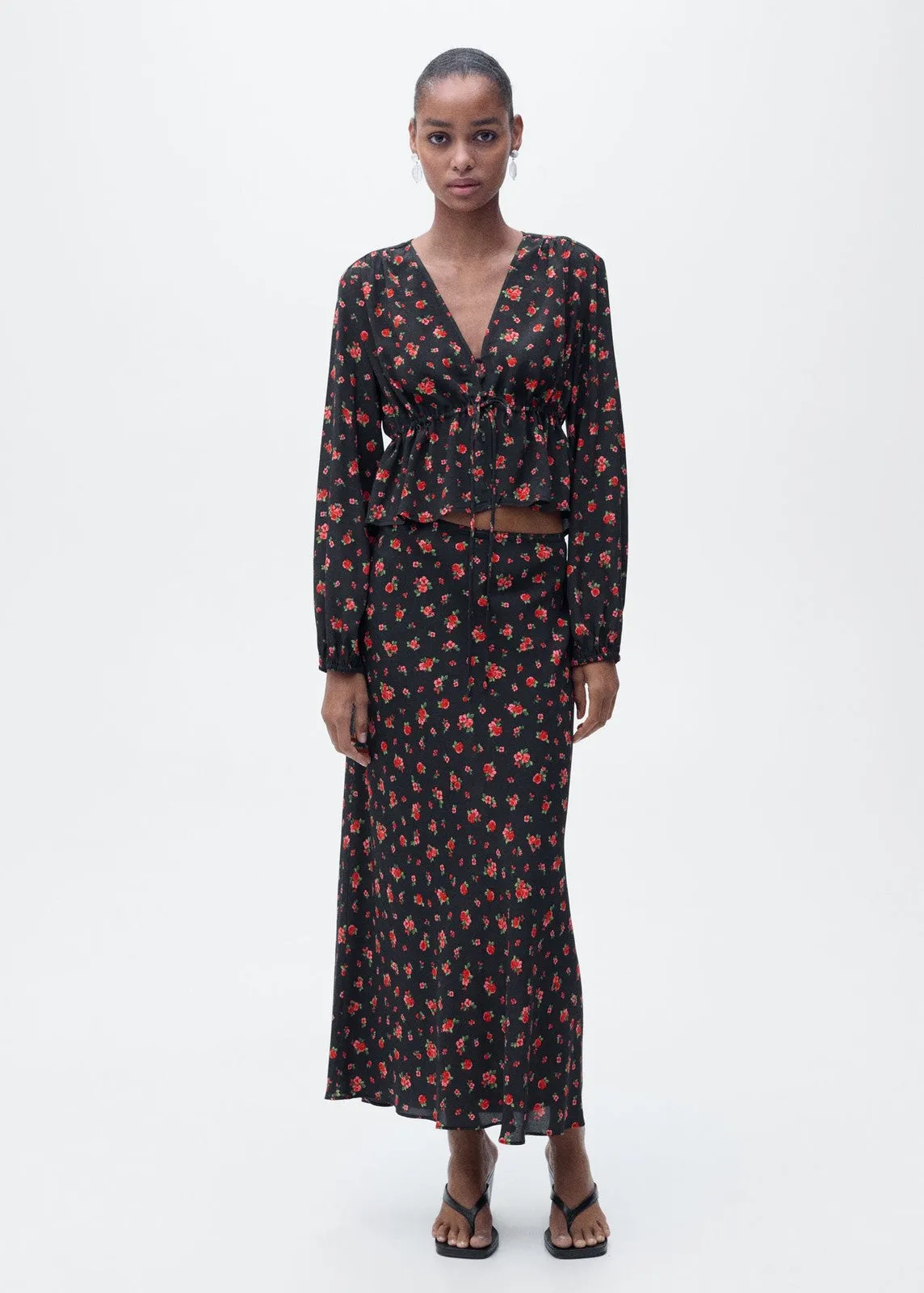 Long floral flared skirt - Black