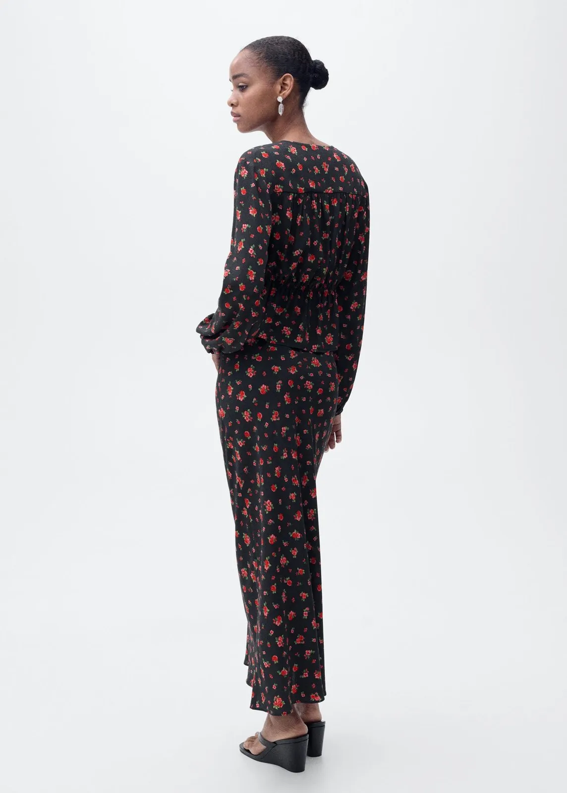 Long floral flared skirt - Black
