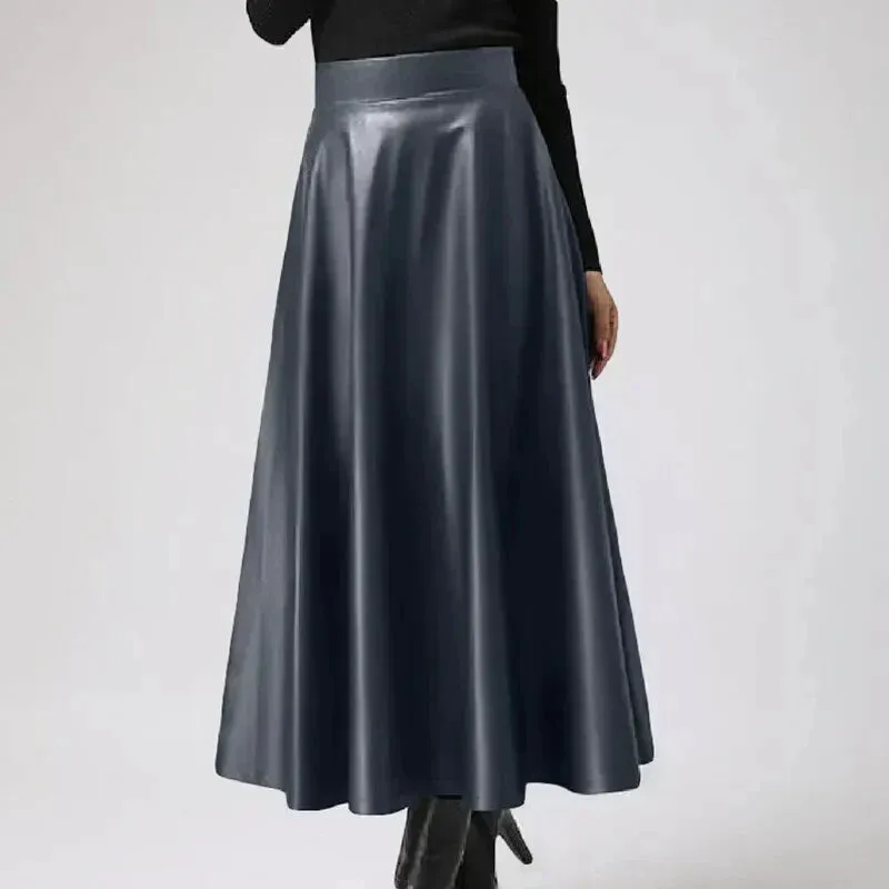 [Long Leather Skirt for Women - A-Line Silhouette - Versatile Design - Black]