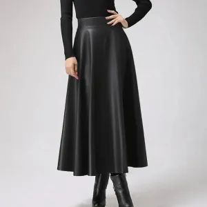 [Long Leather Skirt for Women - A-Line Silhouette - Versatile Design - Black]