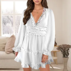 Long Sleeve Deep V-Neck Ruffled Casual Dress