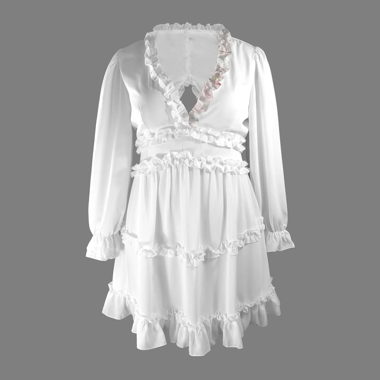 Long Sleeve Deep V-Neck Ruffled Casual Dress