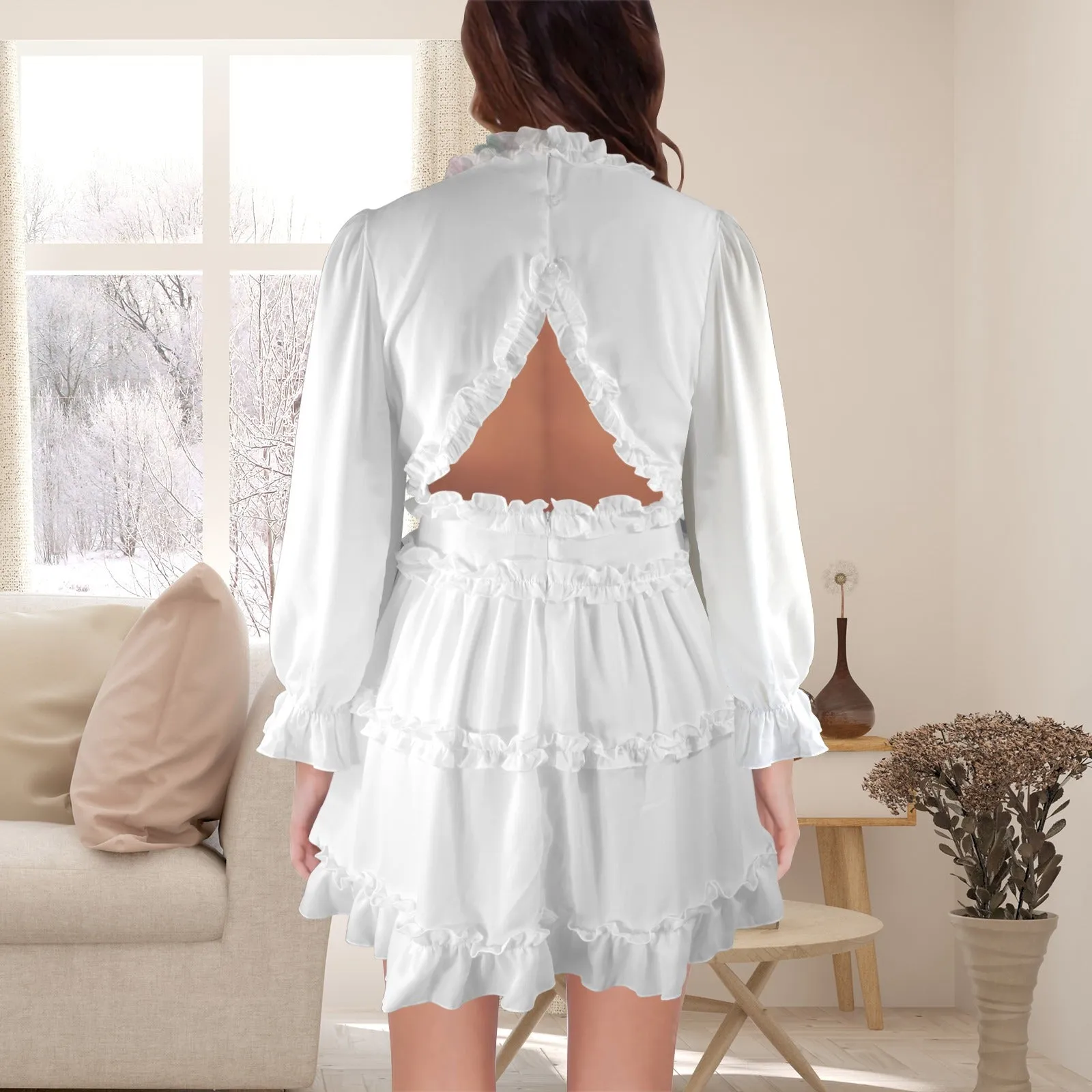 Long Sleeve Deep V-Neck Ruffled Casual Dress
